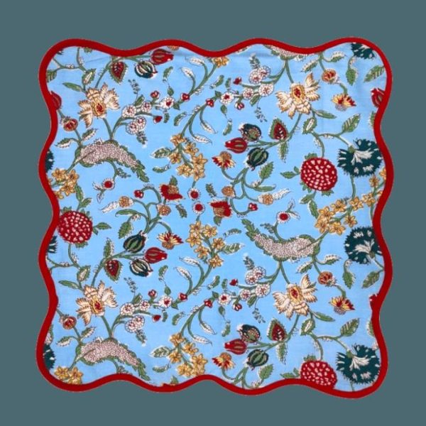 Table Linens | Block Printed Floral Scalloped Cotton Placemats, 13.5 x 13.5 inches – Round Kitchen Table Linens