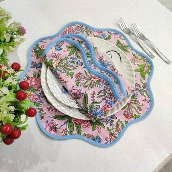 Table Linens | Block Printed Floral Scalloped Cotton Placemats, 13.5 x 13.5 inches – Round Kitchen Table Linens