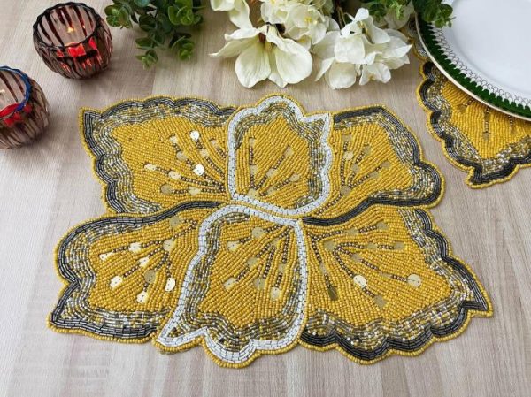 Table Linens | Yellow Floral Shaped Beaded Placemat Kitchen Table Linens