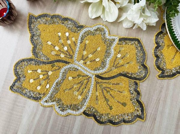 Table Linens | Yellow Floral Shaped Beaded Placemat Kitchen Table Linens