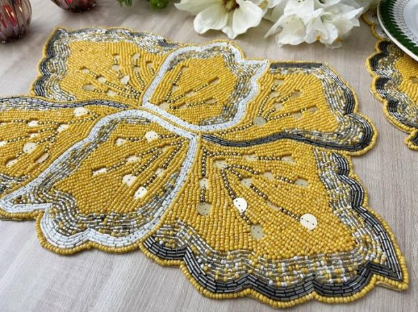 Table Linens | Yellow Floral Shaped Beaded Placemat Kitchen Table Linens