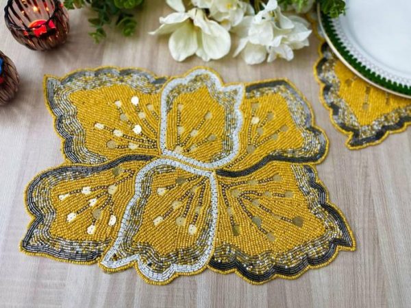 Table Linens | Yellow Floral Shaped Beaded Placemat Kitchen Table Linens