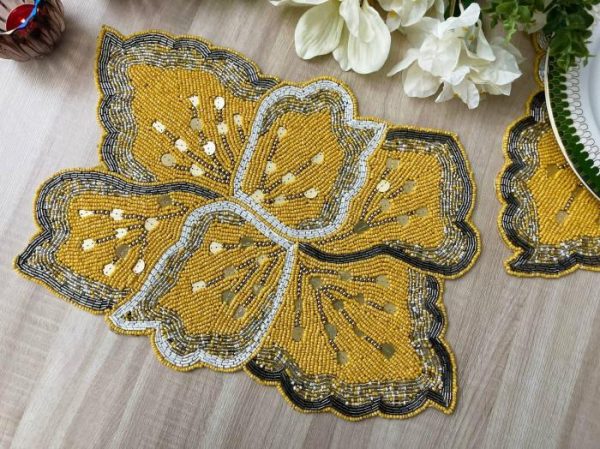 Table Linens | Yellow Floral Shaped Beaded Placemat Kitchen Table Linens